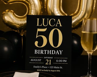 編集可能な50歳の誕生日招待状 - ブラックゴールドパーティーテンプレート | 男性と女性向けの印刷可能なデジタル招待状 | Canvaですぐにダウンロード