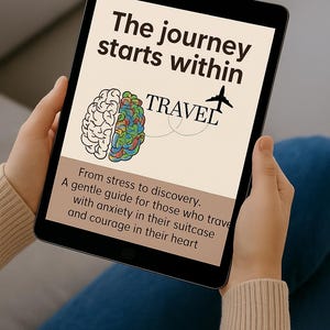 Può includere: Un tablet mostra una copertina di libro con il titolo "The journey starts within" e la parola "TRAVEL". La copertina presenta un grafico del cervello e un'icona di aeroplano. Il testo sottostante recita "From stress to discovery."