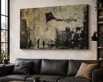 Urban Kite Canvas Wall Art, Graffiti City Skyline Print, Street Art Decor, Industrial Loft Artwork, Father’s Day Gift, Housewarming Gift