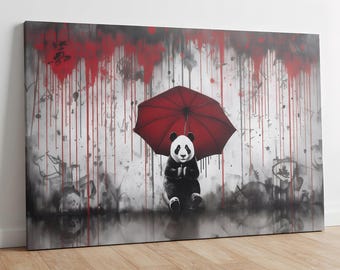 Banksy Style Panda with Red Umbrella Canvas Art, Animal Graffiti Street Art for Urban Home Decor & Panda Lovers, Banksy-Inspired Art