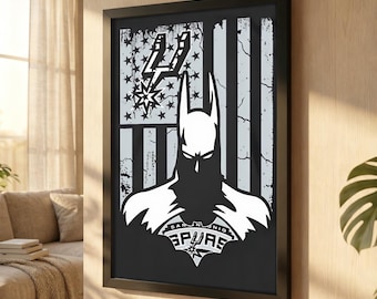 Batman x San Antonio Spurs Distressed American Flag Canvas Print, Vintage Mashup Wall Art, Superhero NBA Man Cave Sports Decor, Fan Gift Art