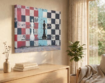 Banksy Chess Kings Graffiti Canvas, Red Blue Urban Street Art Print, Grunge Chess Wall Decor, King vs King Statement Art,  Game Room Gift