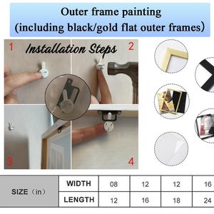 May include: An instructional guide for an outer frame painting including black and gold flat outer frames. It displays four installation steps using a wall hook and hammer, circular detail views of frame corners, and a size chart in inches.
