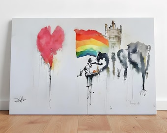 Banksy Style Pride Flag And Heart Canvas Art, LGBTQ+ Rainbow Graffiti Wall Decor for Pride Month And Equality Gifts, Banksy-Inspired Art
