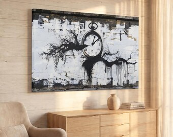 Banksy Pocket Watch Graffiti Canvas, Monochrome Urban Street Art, Wabi Sabi Brick Wall Decor, Surreal Time Statement Art, Housewarming Gift