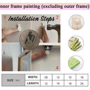 May include: An instructional graphic titled Inner frame painting (excluding outer frame) and Installation Steps. It shows four numbered steps for mounting wall art using a white plastic hook, a hammer, and a metal bracket. A table lists sizes in inches.