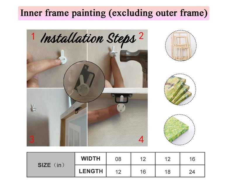 May include: An instructional graphic titled Inner frame painting (excluding outer frame) and Installation Steps. It shows four numbered steps for mounting wall art using a white plastic hook, a hammer, and a metal bracket. A table lists sizes in inches.