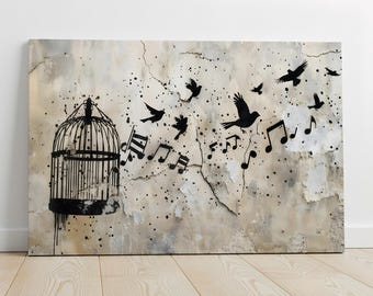 Banksy-Style Birds & Music Notes Escaping Birdcage Graffiti Canvas Art, Freedom And Melody Urban Street Art Decor, Banksy-Inspired Art Print
