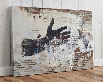 Graffiti Style Black Hand on Brick Canvas Art, Vintage Distressed Urban Street Art for Modern Home Decor&Halloween Gifts,Banksy-Inspired Art