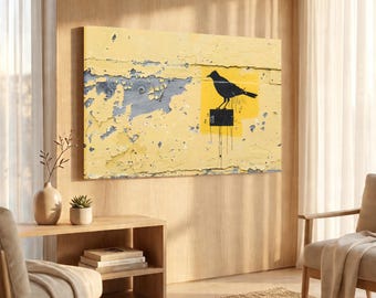 Banksy Crow on Yellow Wall Graffiti Canvas, Neutral Urban Street Art, Wabi Sabi Grunge Decor,Minimalist Bird Statement Art,Housewarming Gift