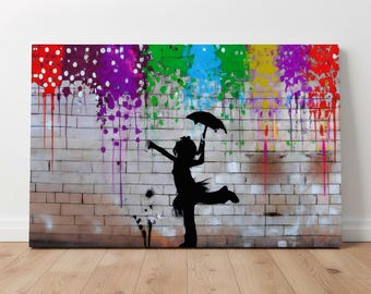 Banksy Style  Rainbow Rain Girl Canvas Art, Colorful Graffiti Wall Decor for Street Art Lovers And Pride Month Gifts, Banksy-Inspired Art