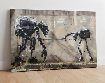 Graffiti Style Robots Reaching Canvas Art, Urban Street Art for Sci-Fi Fans & Holiday Gifts, Banksy-Inspired Art, Futuristic Graffiti Art
