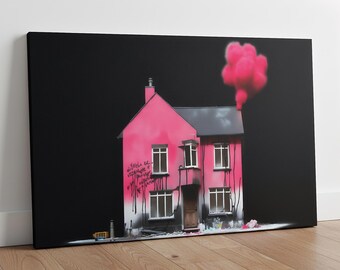 Banksy Style Pink House Canvas Art, Urban Graffiti Explosion Wall Decor for Street Art Lovers & Holiday Gifts, Banksy-Inspired Art