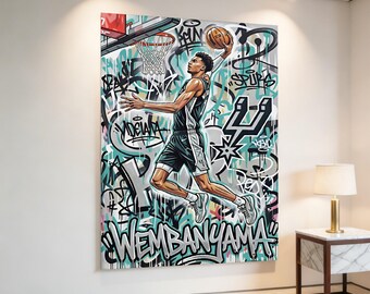 Graffiti Street Art Victor Wembanyama Dunk Canvas Print, San Antonio Spurs Urban Basketball Wall Art, Man Cave Decor, Hip Hop Sports Art