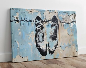 Graffiti Style Ballet Shoes on Barbed Wire Canvas Art, Vintage Cracked Wall Street Art for Dance Lovers & Holiday Gifts, Banksy-Inspired Art
