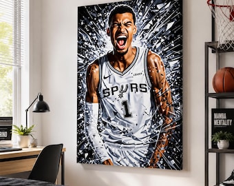 Victor Wembanyama Shatter Explosion Canvas, San Antonio Spurs Pop Art Wall Decor, Shattered Glass Basketball Art, Energetic Man Cave Art