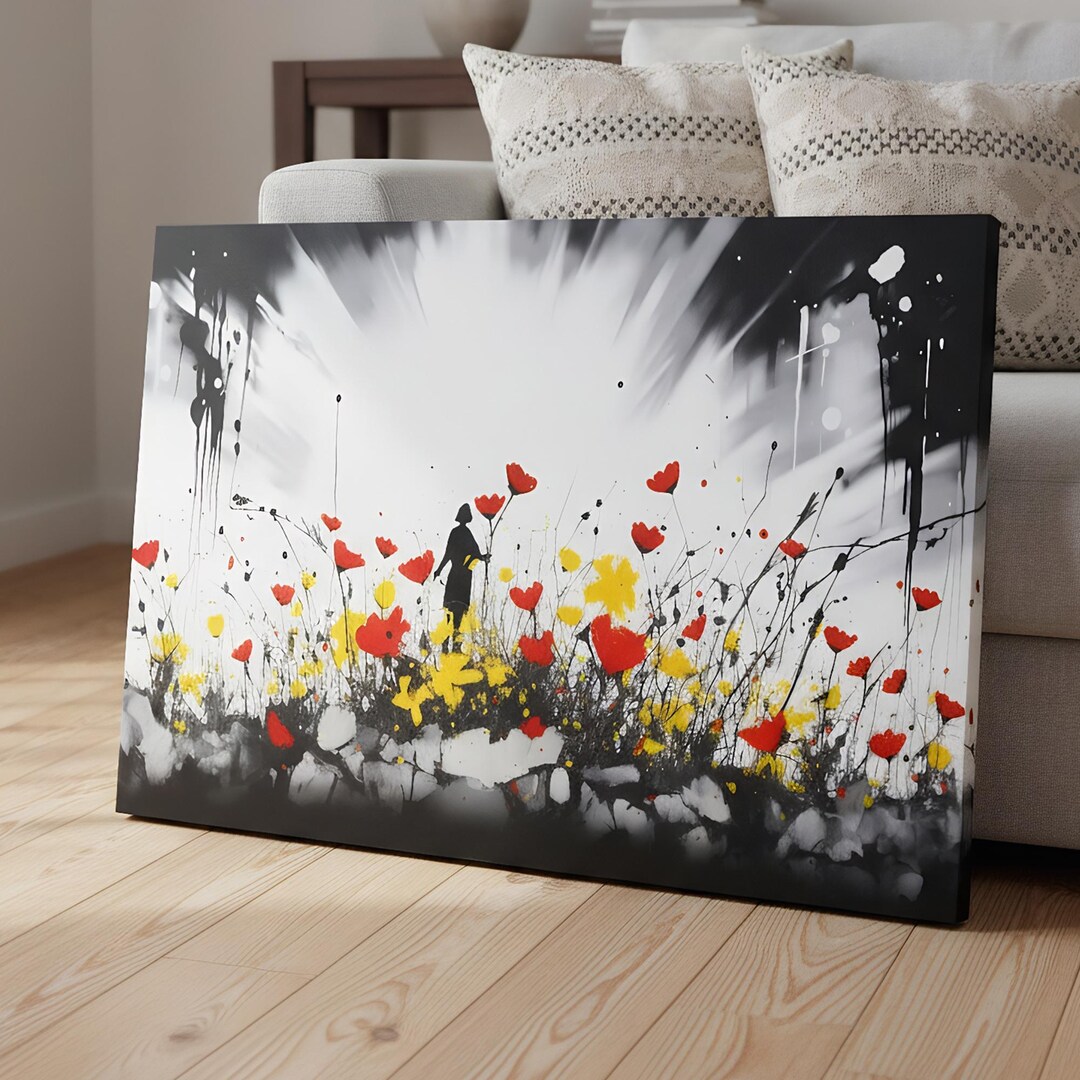 Banksy Spring Banksy Style Silhouette in Vibrant Poppy Field Canvas Art, Nature ...