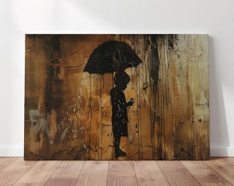 Graffiti Style Umbrella Kid Canvas Art, Vintage Distressed Rainy Day Street Art for Cozy Home Decor & Holiday Gifts, Banksy-Inspired Art