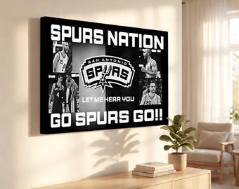 Spurs Nation Go Spurs Go Canvas Print, Legends Collage Wall Art, San Antonio Spurs Vintage NBA Fan Quote Decor, Man Cave Basketball Fan Gift