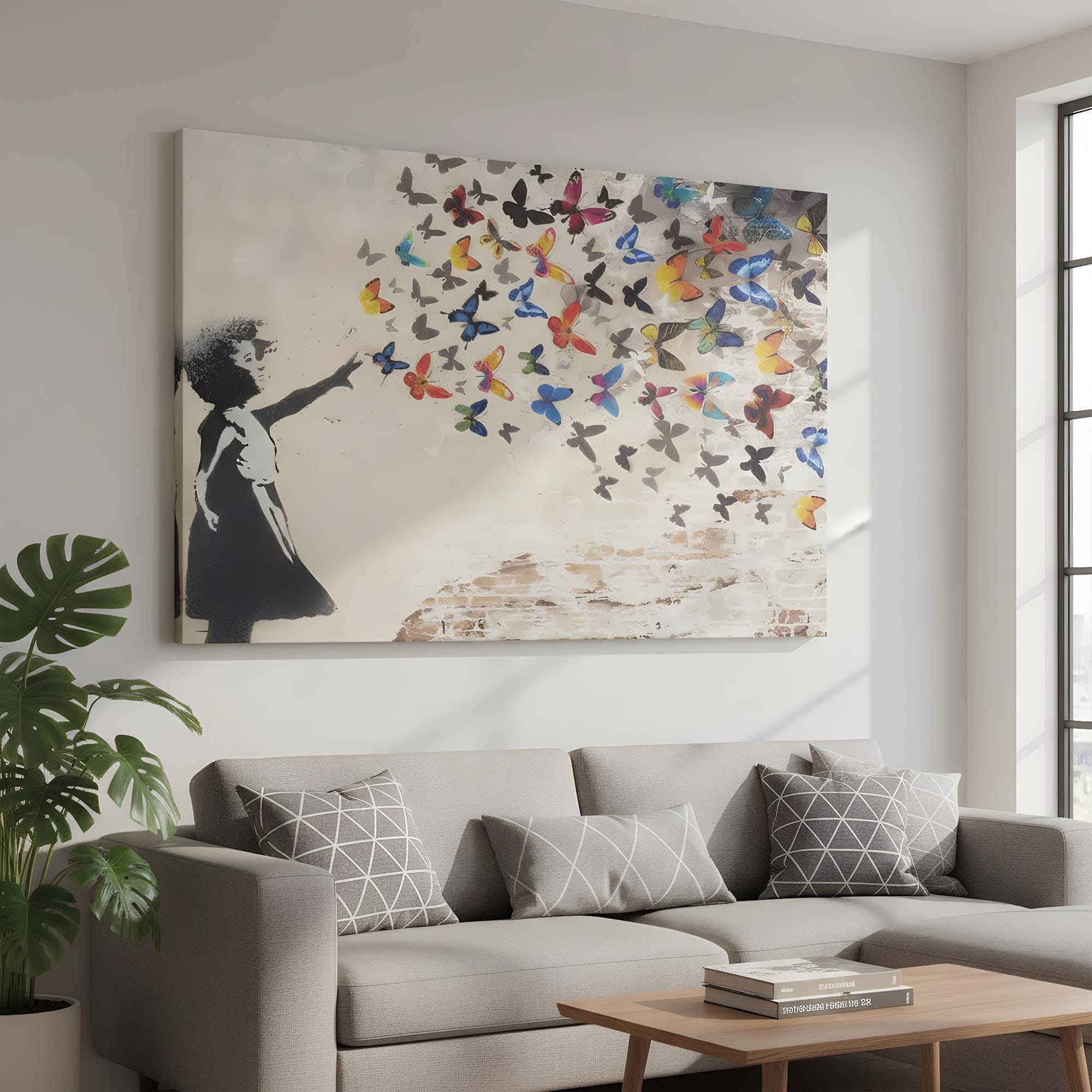 Banksy Spring Banksy Style Girl With Colorful Butterflies Canvas Art, Whimsical Urban ...
