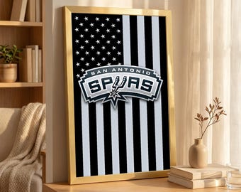 San Antonio Spurs Black White American Flag Canvas Print, NBA Team Flag Logo Wall Art, Patriotic Sports Man Cave Decor, Diehard Fan Gift Art