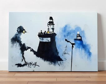 Banksy Style  Abstract Lighthouse Watercolor Canvas Art, Coastal Nautical Wall Decor for Beach Lovers & Holiday Gifts, Banksy-Inspired Art