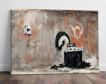Banksy Style Boombox Graffiti Canvas Art, Urban Street Music Wall Decor for Hip Hop Fans And Holiday Gifts, Banksy-Inspired Art