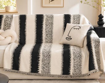 Minimalist Black White Sofa Throw, Heavyweight Chenille Couch Scarf, Boho Furniture Cover with Tassels, New Home Gift, Sectional Wrap