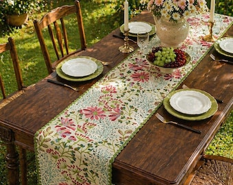 Botanical Jacquard Table Runner, Scalloped Floral Forest Blossom Decor