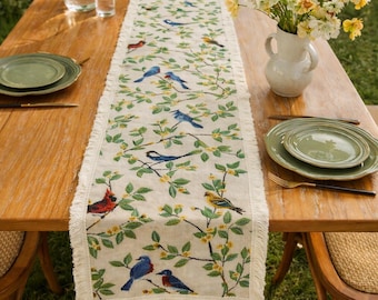 Bird Floral Jacquard Table Runner, Rustic Farmhouse Scarf, Tassel Accents