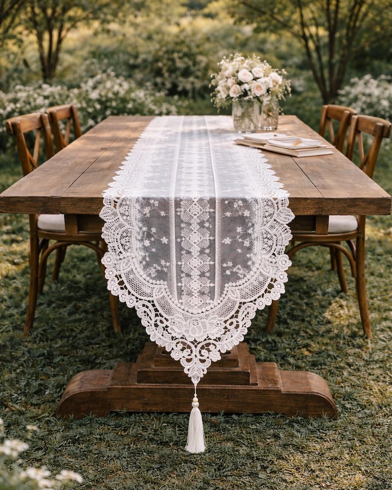 White Lace Table Runner, Floral Embroidered Tulle, Wedding Table Decor image 5