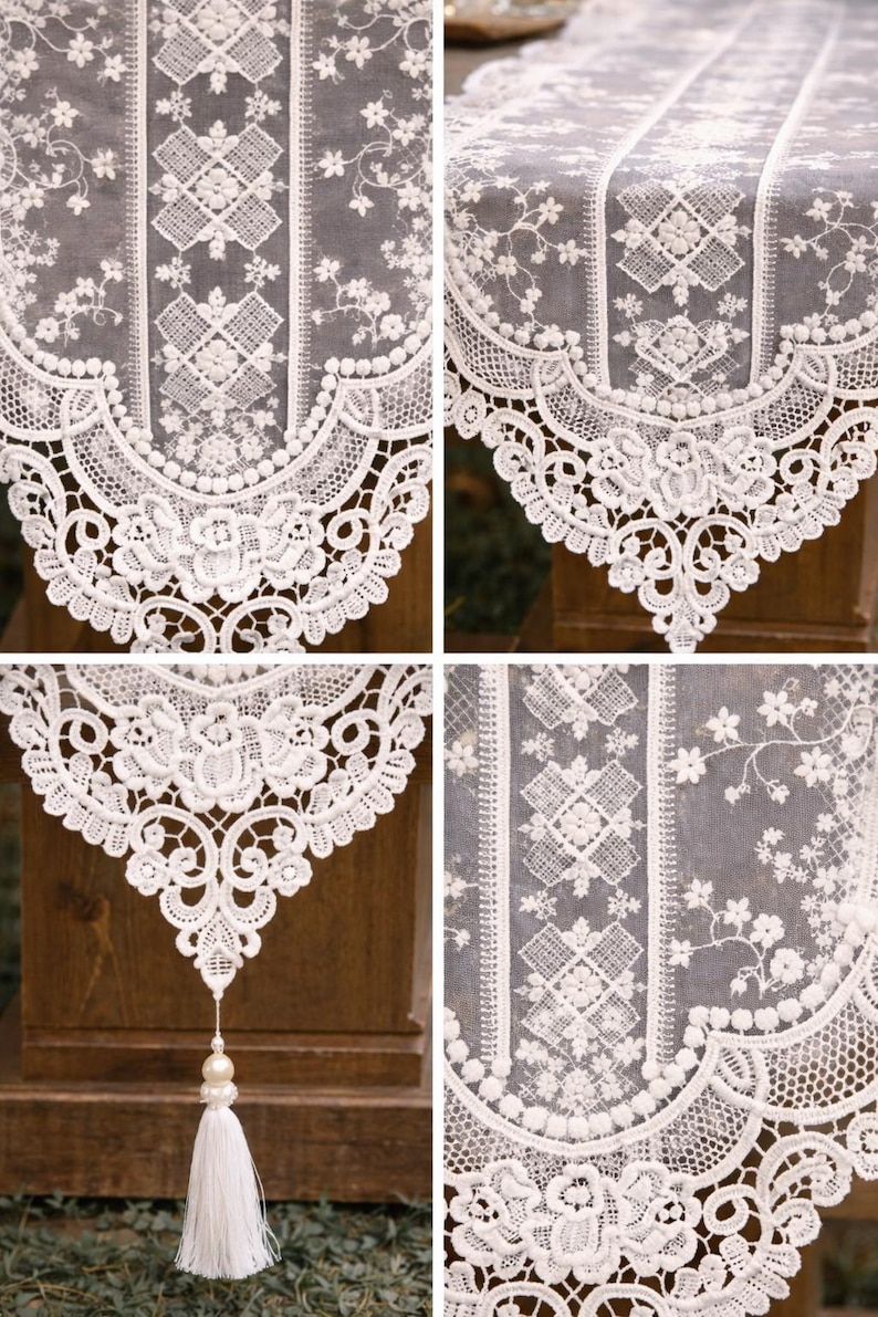 White Lace Table Runner, Floral Embroidered Tulle, Wedding Table Decor image 9