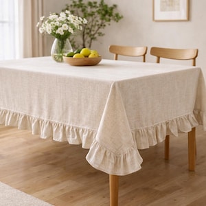 Tovaglia personalizzata in poliestere e lino con volant, decorazione shabby chic, per ricevimento di nozze.
