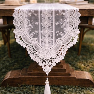 White Lace Table Runner, Floral Embroidered Tulle, Wedding Table Decor image 6