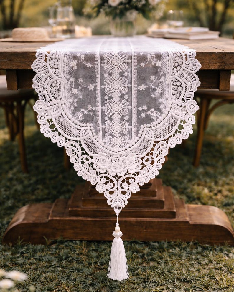 White Lace Table Runner, Floral Embroidered Tulle, Wedding Table Decor image 6