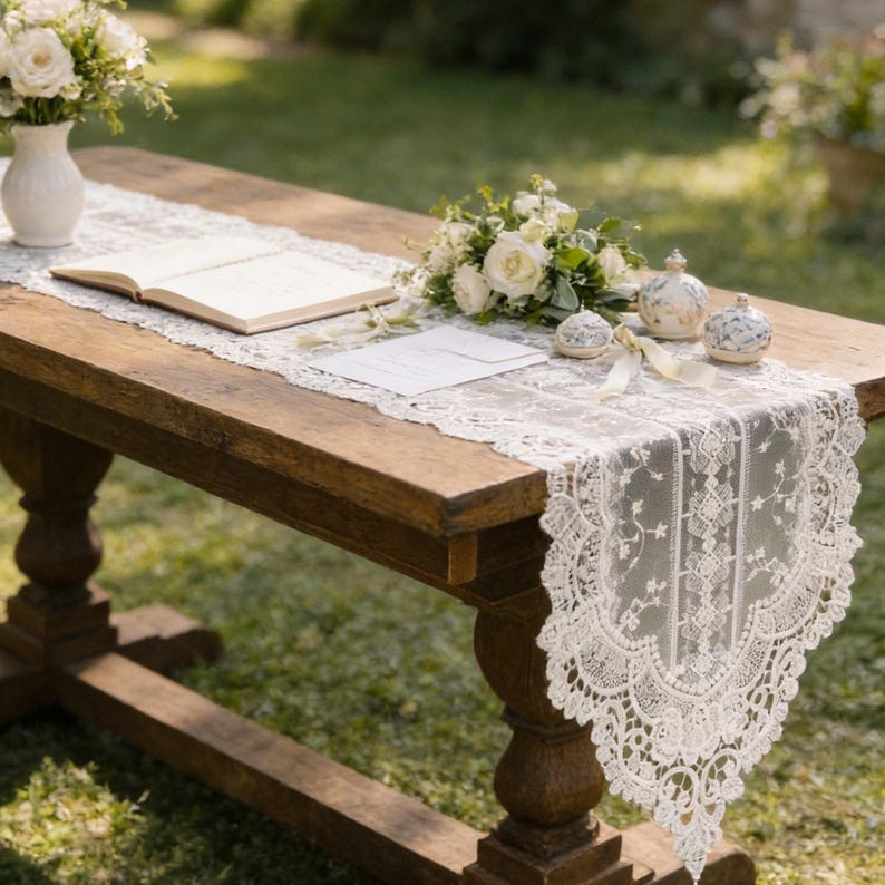 May include: A wooden table with a white lace runner, adorned with a bouquet of white roses, a vase of flowers, and decorative ceramic jars. An open book and a card are also on the table, set outdoors on a grassy area.