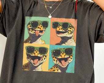 Grappige zonnebril luipaardgekko Photobooth-shirt, retro popart zomerafbeelding, comfortabel kleuren T-shirt