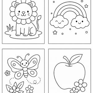 Può includere: Quattro illustrazioni in bianco e nero di simpatici animali e oggetti. Un leone, un arcobaleno con nuvole sorridenti, una farfalla con fiori e una mela con fiori. Adatto per libri da colorare o lavori manuali per bambini.