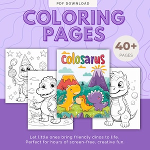 May include: A digital download featuring coloring pages with dinosaur illustrations. The cover art includes the word "Colosarus" and the text "COLORING PAGES". The image shows several coloring pages with dinosaurs and the text "40+ PAGES".