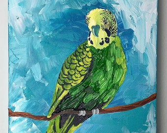 Original Painting Green Yellow Parakeet Budgie