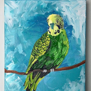 Original Painting Green Yellow Parakeet Budgie