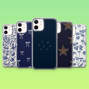 Navy Blue Phone Case Floral Blue Aesthetic Cover for iPhone 16 Pro, 15, 14, 13, 12, Samsung S25, S23, S24, S22, A16, A55, Pixel 9, 8A