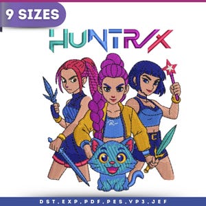 Huntrix Girls Zoey Rumi Mira Embroidery Design, Kpop Demon Hunter, Huntrix Girls with Cat embroidery, Cat Embroidery,Instant Download-9 size