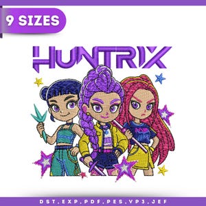 May include: An embroidered design featuring three stylized female characters with purple, pink, and blue hair, each holding a weapon. The word "HUNTRIX" is above the characters in purple. The design includes stars and the text "9 SIZES".