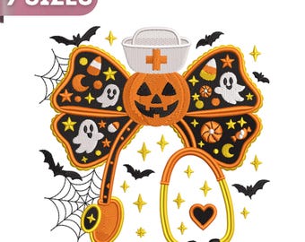 Halloween Nurse Embroidery Design: Pumpkin Bow Stethoscope (Instant Download)