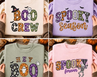 4 Halloween Applique Embroidery Designs, Boo Crew Spooky Season Bundle, Hey Boo Skeleton Sayings, 9 Sizes, Instant Download