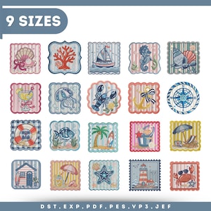 May include: A collection of twenty square embroidered patches featuring nautical and beach themes including a seashell, coral, sailboat, seahorse, jellyfish, lobster, anchor, compass, lifebuoy, fish, palm tree, bucket, beach chair, lighthouse, and crab.
