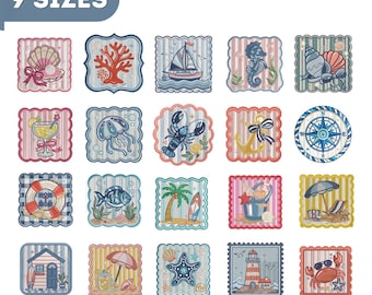 20 Coastal Machine Embroidery Designs, Nautical Beach Summer Bundle, Sea Life Anchor Lighthouse Crab, 9 Sizes, Instant Download