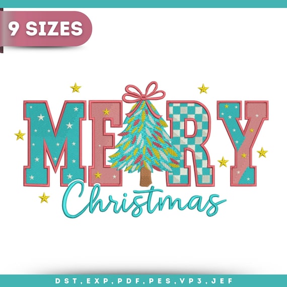 Merry Christmas Tree Embroidery Design – Festive Lettering (9 size) (PDF)