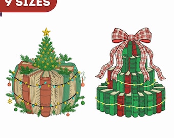 Christmas Books Embroidery Design, Christmas Tree Machine Embroidery Design, 9 sizes, Instant Download